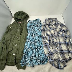 Justice Girls Size 10 Bundle Lot 3pc‎ Army Green Jacket Plaid Button Down Shirts